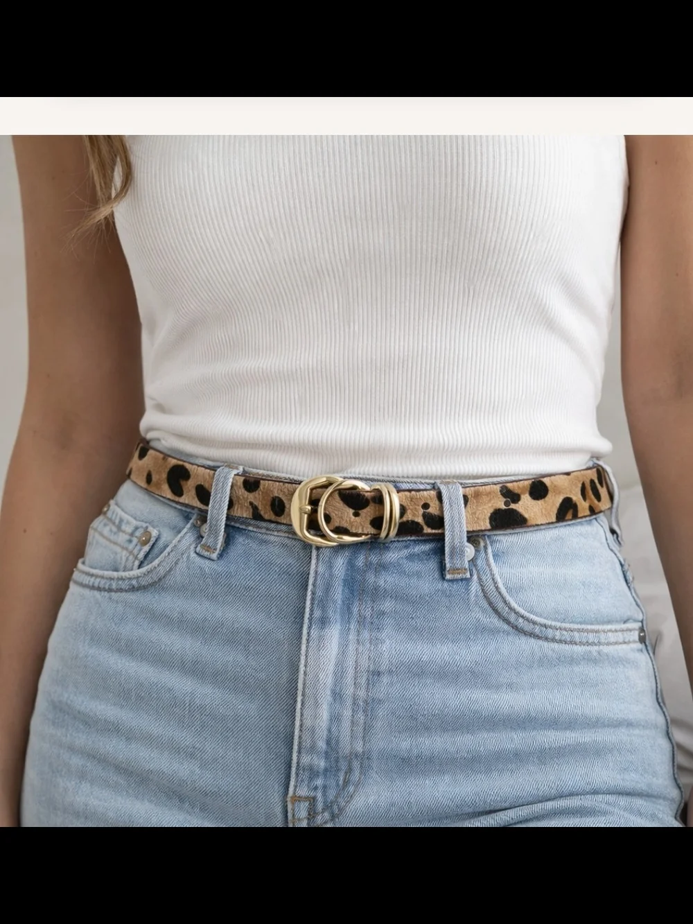 Leopard Print FUR Leather Belt with Gold Double Ring Buckle - Tan Boho Festival